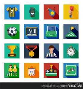 Soccer Flat Squared Icon Set. Soccer isolated colorful shadowed icon set placed in square frames with various symbols of football vector illustration