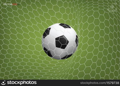 Soccer football ball in goal and white net. Vector illustration.