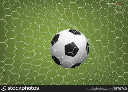 Soccer football ball in goal and white net. Vector illustration.