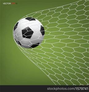 Soccer football ball in goal and white net. Vector illustration.