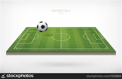 Soccer football ball in soccer field area and white background. Green grass of soccer field with pattern and texture in perspective views. Vector illustration.