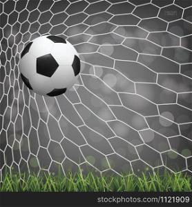 Soccer football ball in soccer goal with light blurred bokeh background. Vector illustration.