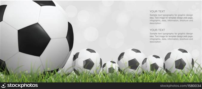 Soccer football ball on green grass field and light blurred bokeh background. Vector illustration.