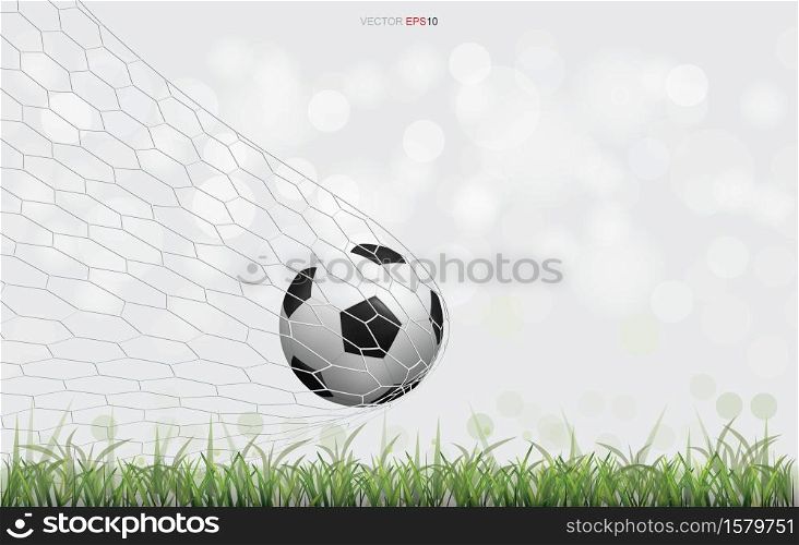 Soccer football ball on green grass field with light blurred bokeh background. Vector illustration.