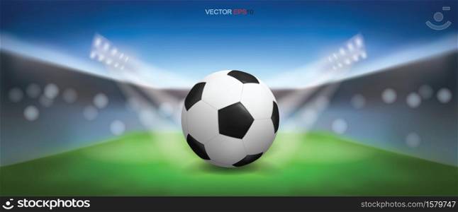 Soccer football ball on green grass of soccer field stadium background. Vector illustration.