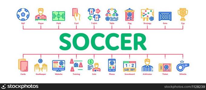 Soccer Football Game Minimal Infographic Web Banner Vector. Soccer Playing Ball, Player And Arbitrator Man Silhouette, Cup And Whistle Concept Illustrations. Soccer Football Game Minimal Infographic Banner Vector