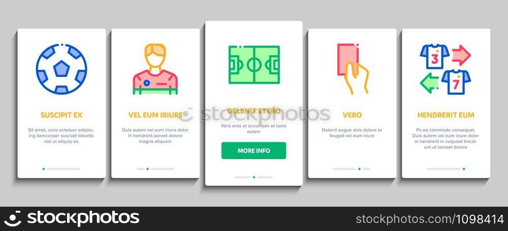 Soccer Football Game Onboarding Mobile App Page Screen. Soccer Playing Ball, Player And Arbitrator Man Silhouette, Cup And Whistle Concept Illustrations. Soccer Football Game Onboarding Elements Icons Set Vector