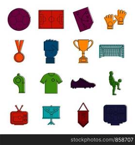Soccer football icons set. Doodle illustration of vector icons isolated on white background for any web design. Soccer football icons doodle set