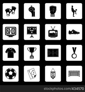 Soccer football icons set in white squares on black background simple style vector illustration. Soccer football icons set squares vector