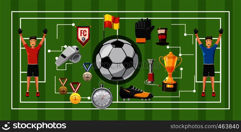 Soccer game football horizontal concept. Cartoon illustration of soccer game banner horizontal vector for web. Soccer game banner horizontal, cartoon style