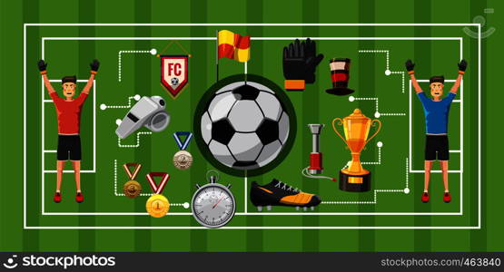 Soccer game football horizontal concept. Cartoon illustration of soccer game banner horizontal vector for web. Soccer game banner horizontal, cartoon style