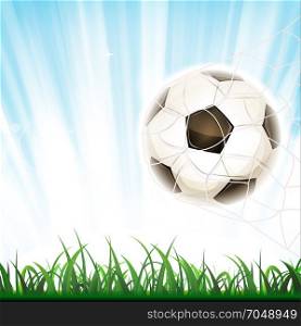 Soccer Goal. Illustration of a soccer ball in goal, symbolizing success and victory, with net and grass leaves on flashy light background