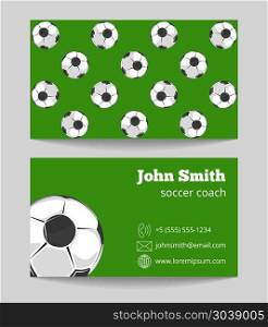 Soccer green field business card template. Soccer coach green field business card. Template of football card. Vector illustration
