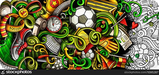 Soccer hand drawn doodle banner. Cartoon detailed illustrations. Football identity with objects and symbols. Color vector design elements background. Soccer hand drawn doodle banner. Cartoon detailed illustrations.