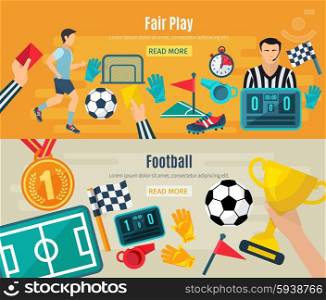 Soccer horizontal banner set with fair football play elements isolated vector illustration. Soccer Banner Set