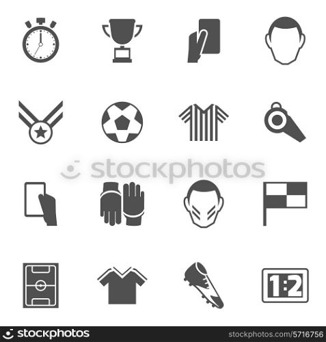 Soccer icons black set with football player ball field cup isolated vector illustration