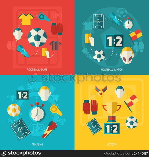 Soccer icons flat set with football game match training victory isolated vector illustration.