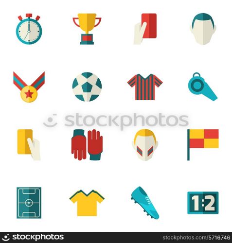 Soccer icons flat set with football layer ball field cup isolated vector illustration