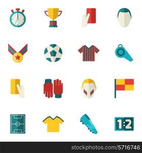 Soccer icons flat set with football layer ball field cup isolated vector illustration