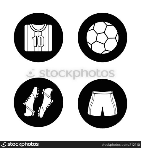 Soccer icons set. Football shirt, boots and shorts, ball. Soccer player's uniform. Vector white silhouettes illustrations in black circles. Soccer icons set