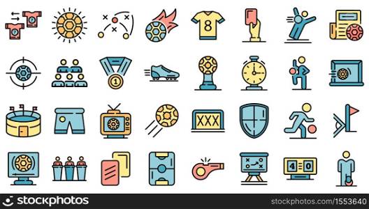 Soccer icons set. Outline set of soccer vector icons thin line color flat on white. Soccer icons vector flat
