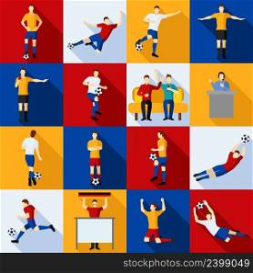 Soccer icons set players judges commentators and fans flat isolated vector illustration.. Soccer Players Icons Flat Set