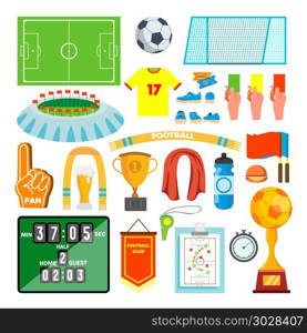 Soccer Icons Set Vector. Soccer Accessories. Ball, Uniform, Cup, Boots, Scoreboard, Field. Isolated Flat Cartoon Illustration. Soccer Icons Set Vector. Soccer Accessories. Ball, Uniform, Cup, Boots, Scoreboard Field Isolated Cartoon Illustration
