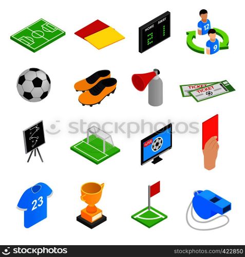 Soccer isometric 3d icons set. 16 football icons on a white background. Soccer isometric 3d icons set