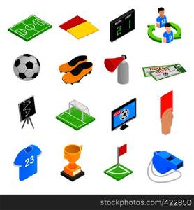 Soccer isometric 3d icons set. 16 football icons on a white background. Soccer isometric 3d icons set