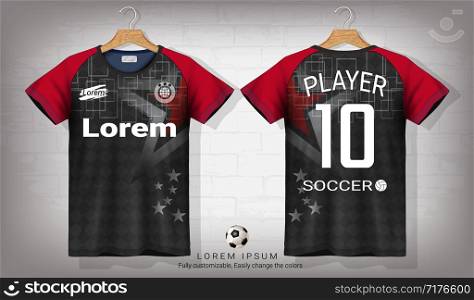 Soccer jersey and t-shirt sport mockup template, Graphic design for football kit or activewear uniforms, Ready for customize logo and name, Easily to change colors and lettering styles in your team.