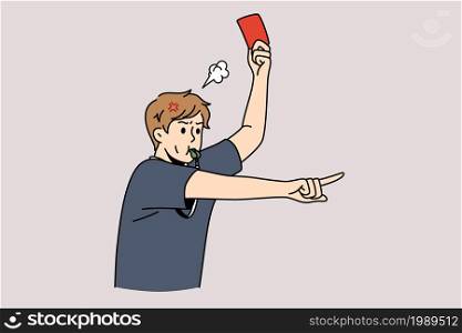 Soccer judge and football rules concept. Young man soccer judge standing and showing red card to player whistling during game vector illustration . Soccer judge and football rules concept.