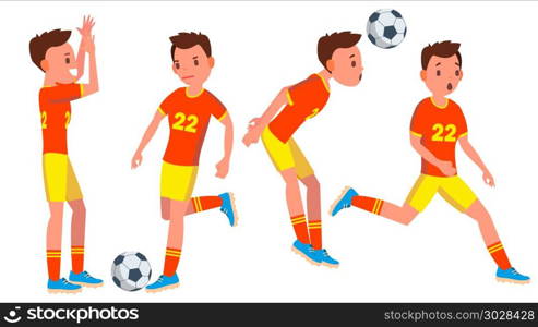 Soccer Male Player Vector. Playing In Different Poses. Summer Activity. Pass. Ball. Man Athlete. Isolated On White Cartoon Character Illustration. Soccer Young Man Player Vector. Man. Modern Championship. Kick. Flat Athlete Cartoon Illustration