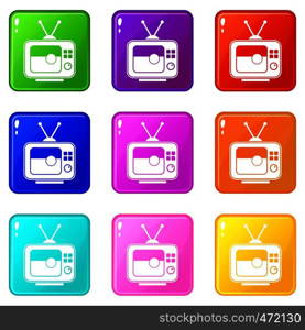 Soccer match on TV icons of 9 color set isolated vector illustration. Soccer match on TV icons 9 set