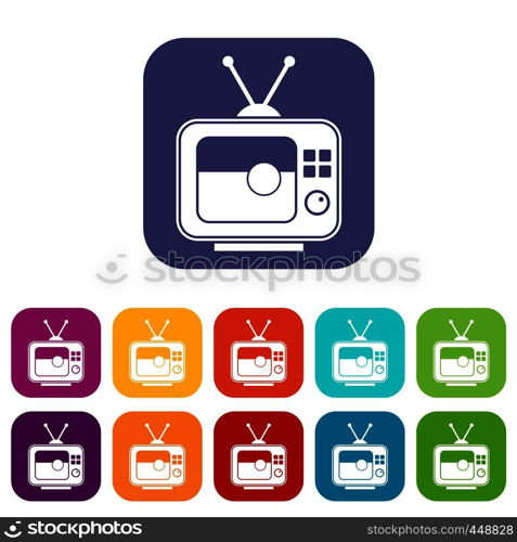 Soccer match on TV icons set vector illustration in flat style In colors red, blue, green and other. Soccer match on TV icons set flat