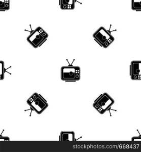 Soccer match on TV pattern repeat seamless in black color for any design. Vector geometric illustration. Soccer match on TV pattern seamless black