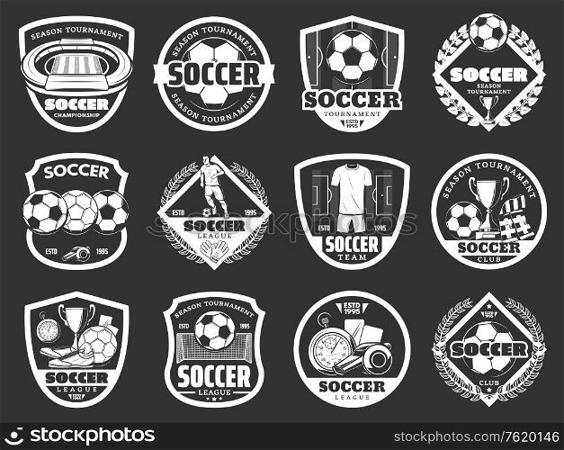 Soccer monochrome black and white icons. Vector soccer sport club team or league championship cup, football ball, referee stopwatch and whistle, player boots and victory laurel on arena stadium. Soccer club championship, sport monochrome icons