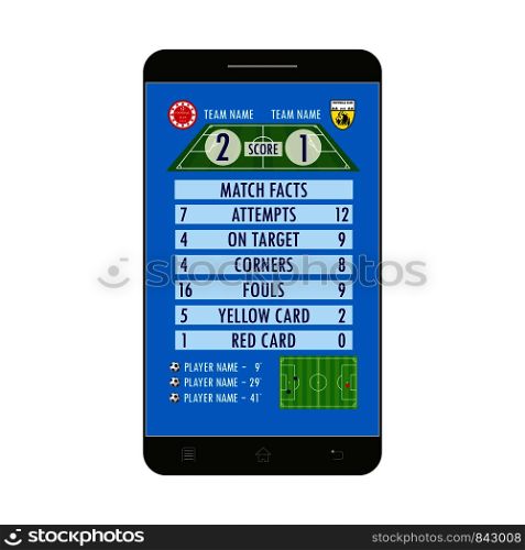 Soccer or football application on smartphone screen,cartoon vector illustration. Soccer or football application on smartphone screen