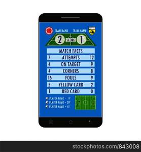 Soccer or football application on smartphone screen,cartoon vector illustration. Soccer or football application on smartphone screen