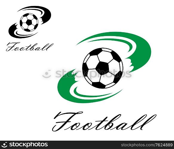 Soccer or football symbol with ball ans swirl green shapes for sports design