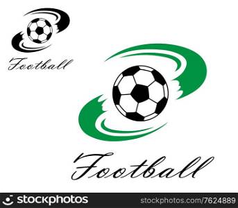 Soccer or football symbol with ball ans swirl green shapes for sports design