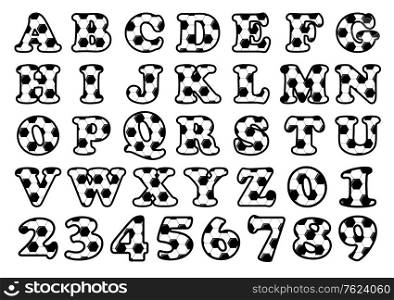 Soccer pattern alphabet and numbers set of uppercase letters for typographical design elements. Black and white alphabet and numbers set