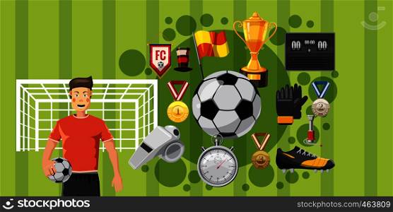 Soccer play horizontal concept. Cartoon illustration of soccer play banner horizontal vector for web. Soccer play banner horizontal, cartoon style