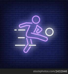 Soccer player kicking ball on brick background. Neon style illustration. Football, goal, sport club. Soccer banner. For sport, match, hobby concept