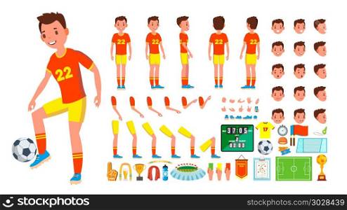 Soccer Player Male Vector. Animated Character Creation Set. Man Full Length, Front, Side, Back View, Accessories, Poses, Face Emotions, Gestures. Isolated Flat Cartoon Illustration. Soccer Player Male Vector. Animated Character Creation Set. Man Full Length, Front, Side, Back View, Accessories, Poses, Face Emotions, Gestures. Isolated Cartoon Illustration