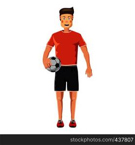 Soccer player standing with soccer ball icon. Cartoon illustration of soccer player standing with soccer ball vector icon for web. Soccer player standing with soccer ball icon