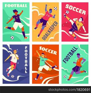 Soccer players cards. Footballers in different dynamic poses, leading and hitting ball, athletes in playing process and text, team sport game. Bright colors posters, vector flat cartoon isolated set. Soccer players cards. Footballers in different dynamic poses, leading and hitting ball, athletes in playing process and text, team sport game. Bright colors posters, vector cartoon set