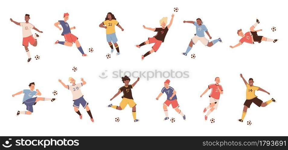 Soccer players. Dynamic football athletes poses jumping running and kicking, players differently kickball their foot, football teams uniforms, olympic sport collection vector flat cartoon isolated set. Soccer players. Dynamic football athletes poses jumping running and kicking, players differently kickball their foot, football teams uniforms, olympic sport, vector flat cartoon isolated set