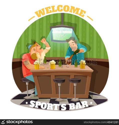 Soccer Pub Illustration. Soccer pub flat vector illustration with group of cheerleaders watching soccer match on tv and drinking beer