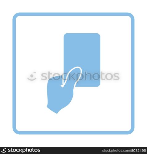Soccer referee hand with card icon. Blue frame design. Vector illustration.
