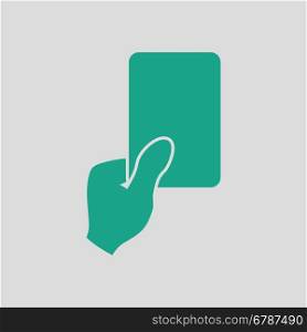 Soccer referee hand with card icon. Gray background with green. Vector illustration.